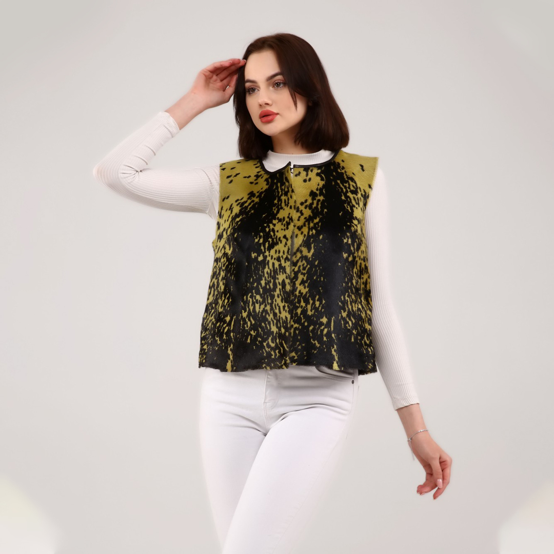 Hakiki Deri Yeşil Kadın Desenli Deri Yelek