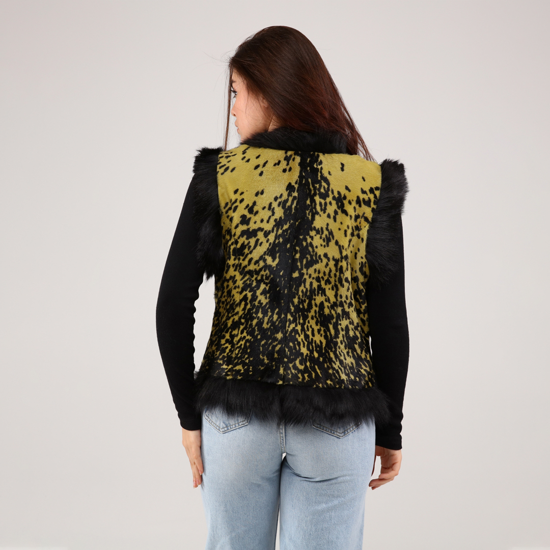 Hakiki Deri Yeşil Kadın Desenli Deri Yelek