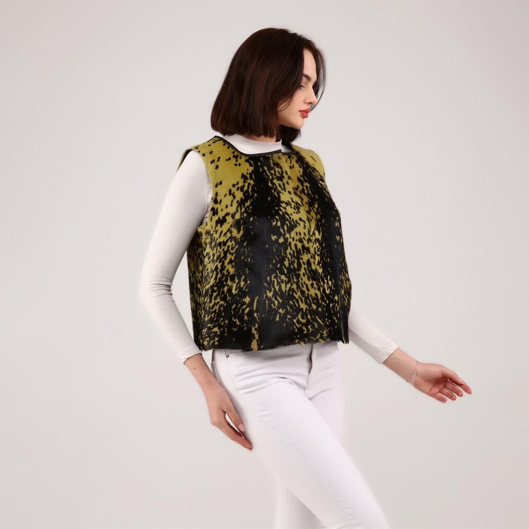 Hakiki Deri Yeşil Kadın Desenli Deri Yelek