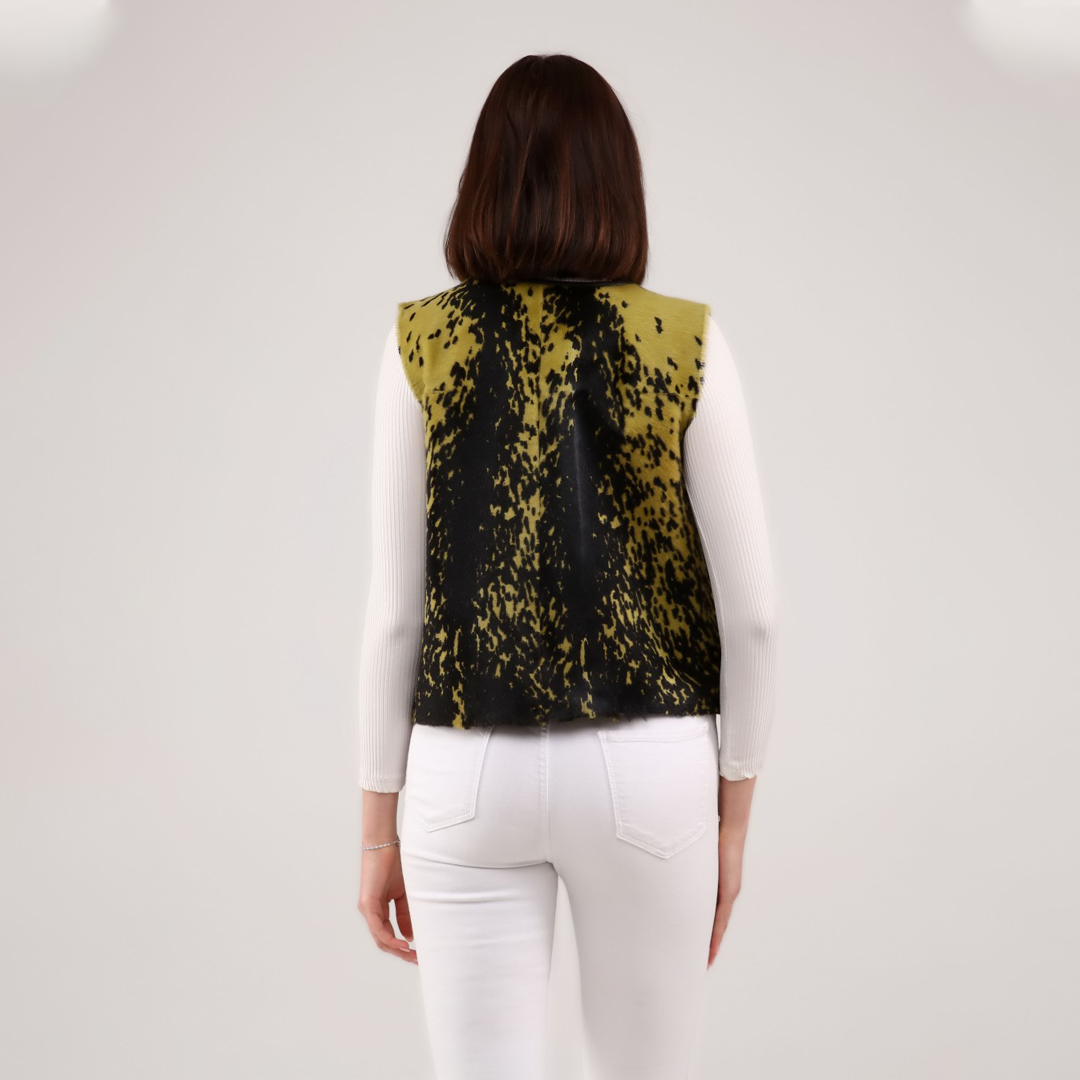 Hakiki Deri Yeşil Kadın Desenli Deri Yelek