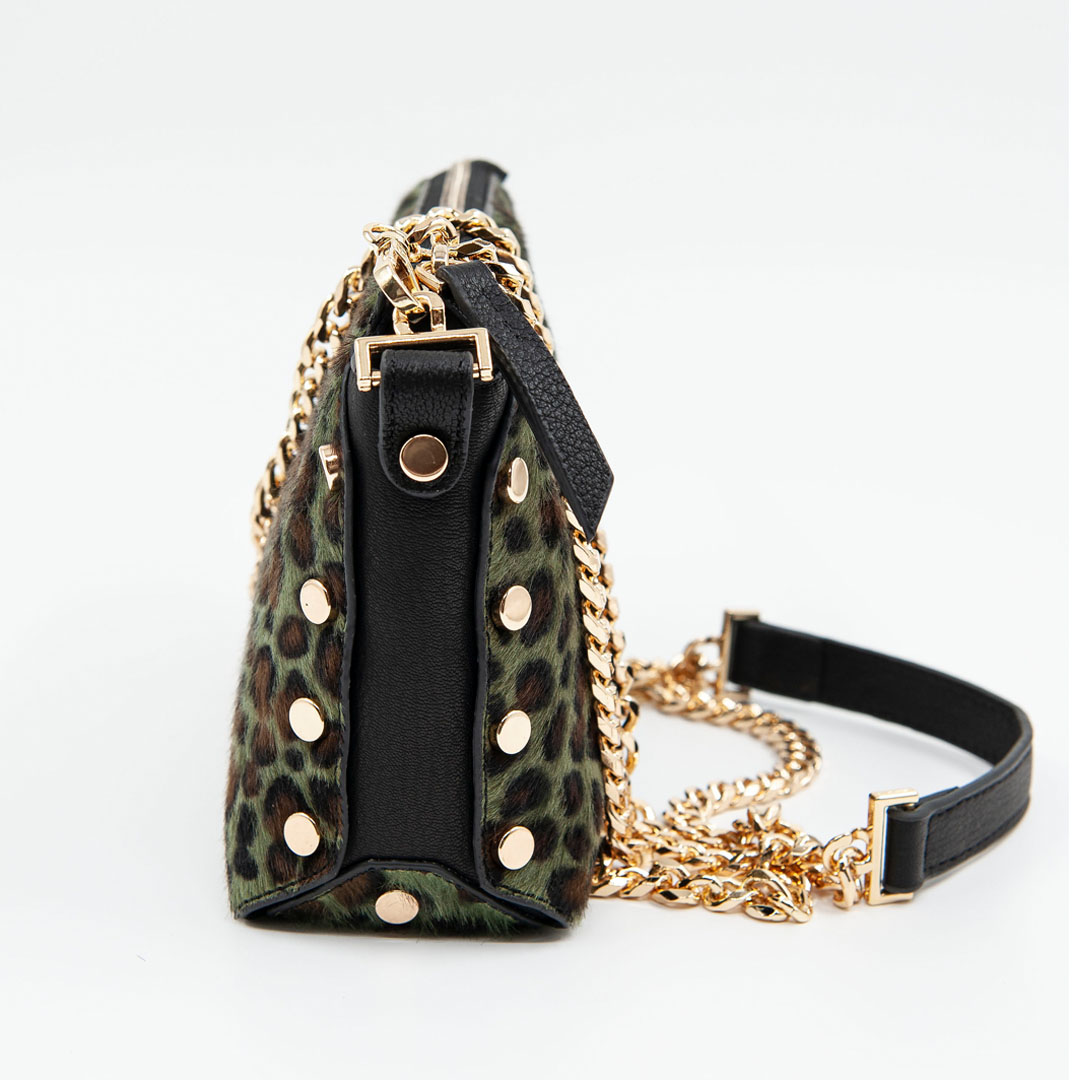 Genuine Leather Green Women's Leopard Printed Leather Shoulder Bag